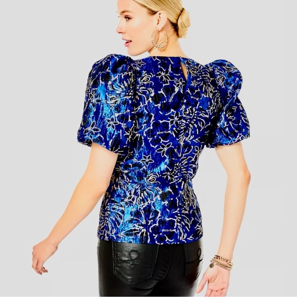 LILLY PULITZER Blue Grotto Top Twilight Floral Brocade with Gold Accents - Picture 5 of 5